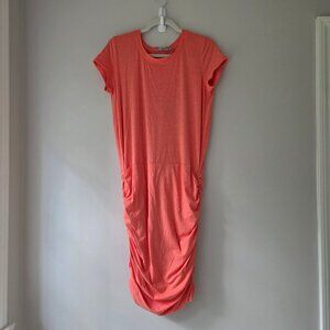 ATHLETA Topanga Shirt Dress | Med Tall | Coral Ruched Round Neck Short Sleeves